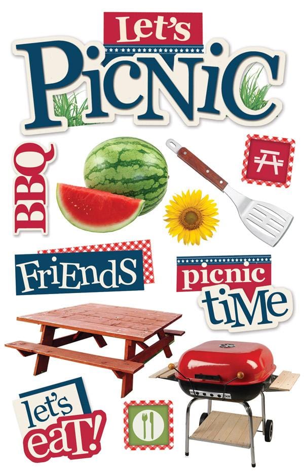 3D scrapbook stickers featuring a photo real picnic table, barbecue and watermelons shown on a white background.