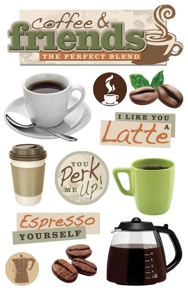 3D scrapbook stickers featuring green and brown coffee mugs, and coffee beans.