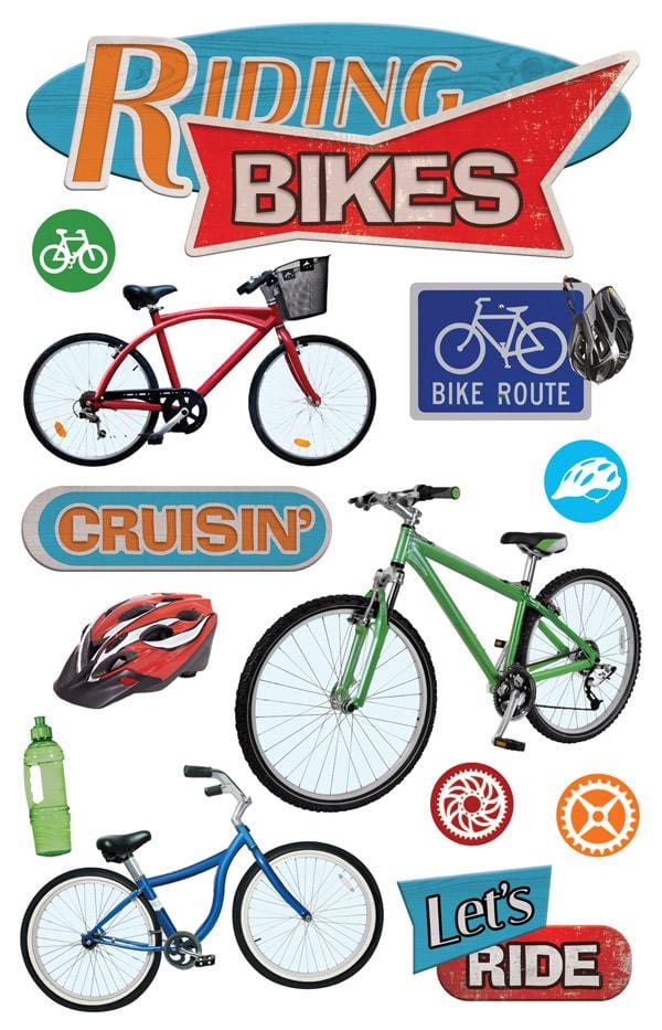3D scrapbook stickers featuring colorful bicycles, water bottle and helmets shown on a white background.