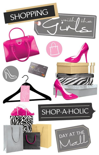 3D scrapbook stickers featuring gray and pink shopping bags, shoes and shopping sentiments. 