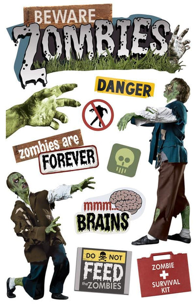 scrapbook stickers featuring illustrated Zombies and Beware Zombies text shown on white background.