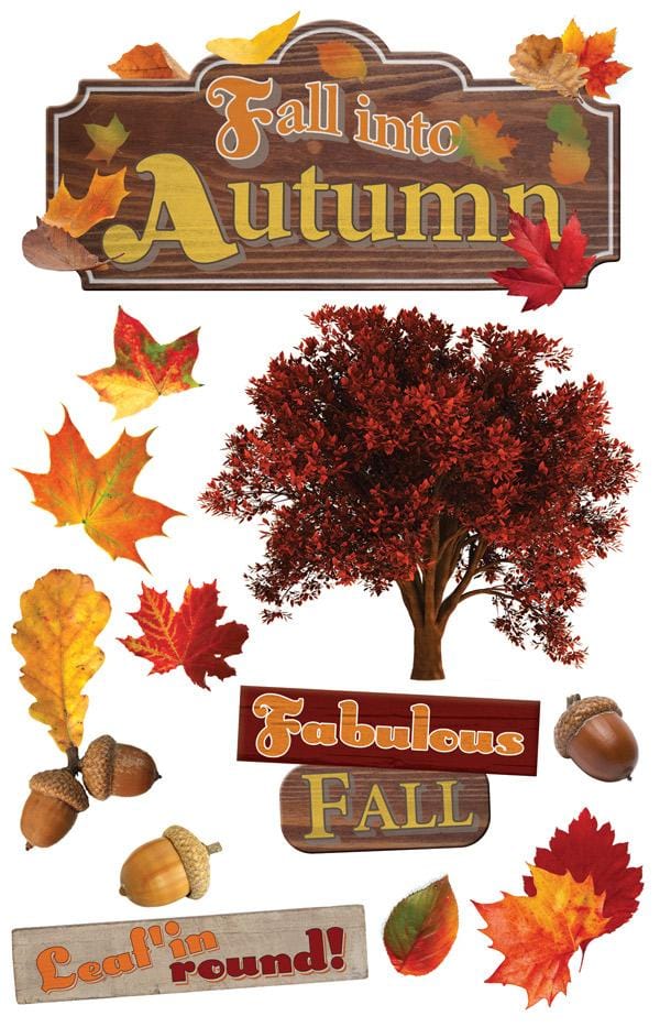 3D scrapbook stickers featuring autumn leaves, trees and acorns.