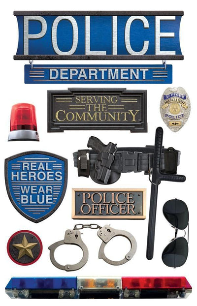 3D scrapbook stickers featuring photo real police badge, police lights and handcuffs shown on white background.