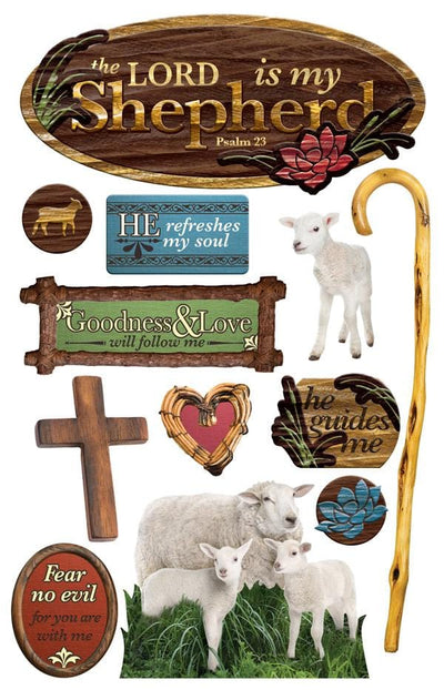 3D scrapbook stickers featuring a wooden cross, lambs and a wooden staff.
