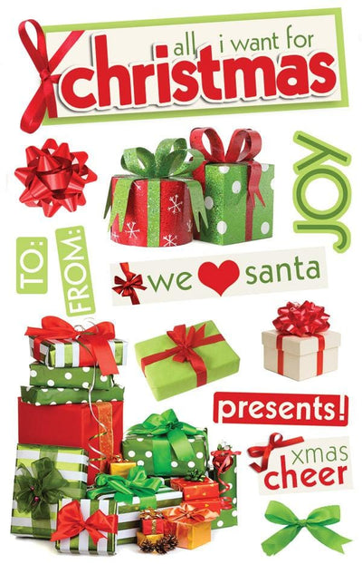3D scrapbook stickers featuring red and green christmas items