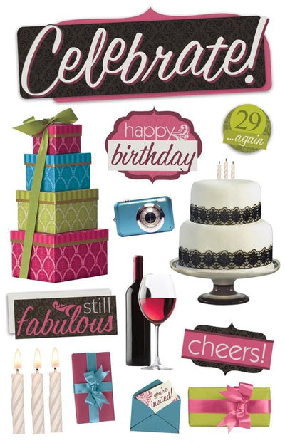 3D scrapbook stickers featuring birthday celebration themed imagery