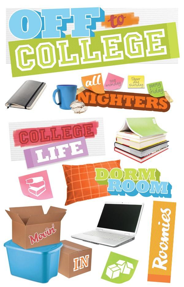 3D scrapbook stickers featuring colorful textbooks, coffee mug, pillow and dorm room sentiments