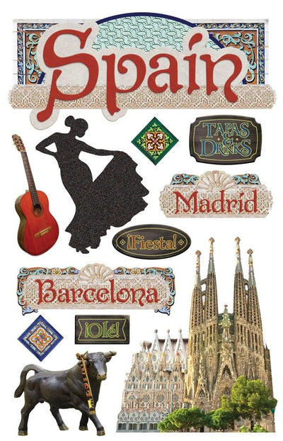 3D scrapbook stickers featuring imagery of Spain including a bull, a cathedral and guitar.
