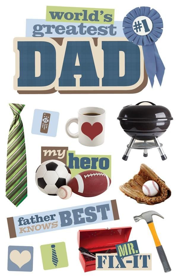 3D scrapbook stickers featuring sports balls, a tie, a grill and a hammer.