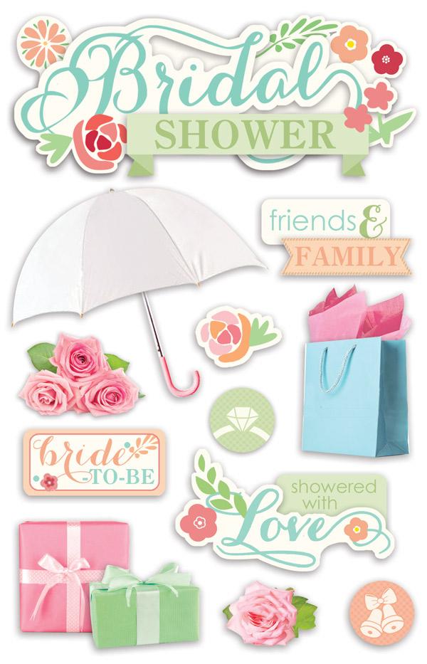3D scrapbook stickers featuring Bridal Shower with pastel colored roses, gift boxes and loving sentiments.