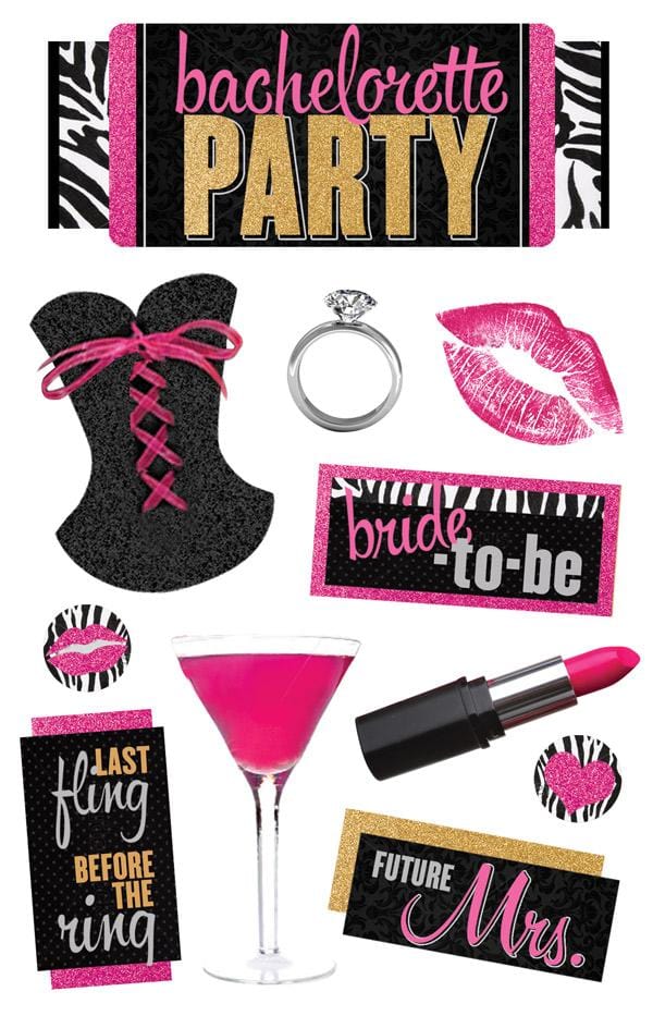 3D scrapbook sticker featuring pink lipstick, an engagement diamond and a pink cocktail with black and gold details.