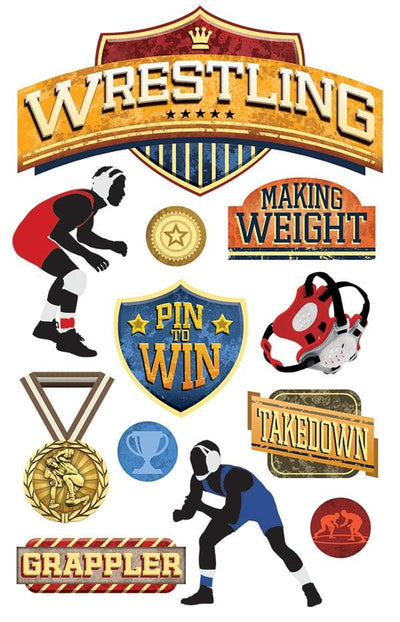 3D scrapbook stickers featuring illustrations of wrestlers, trophys and medals.