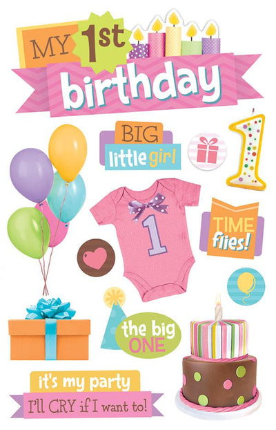 3D scrapbook stickers featuring pink first birthday theme