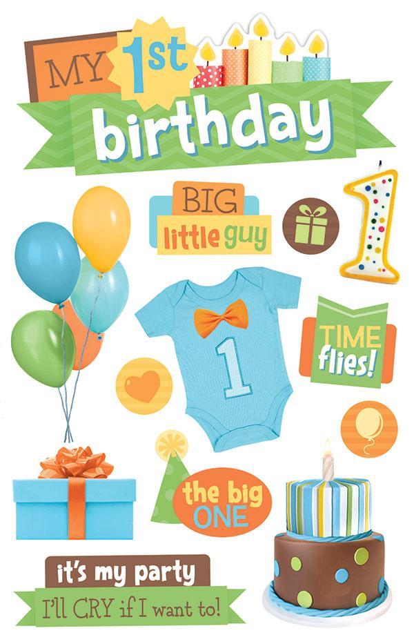 3D scrapbook stickers featuring blue 1st birthday theme