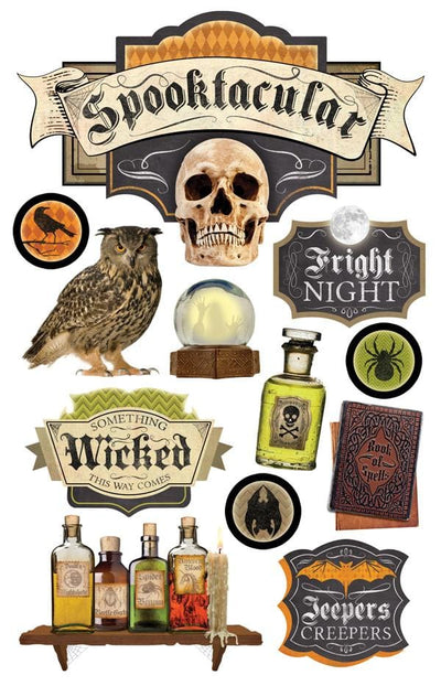 3D scrapbook stickers featuring a spooky theme with potion bottles, a skull and an owl