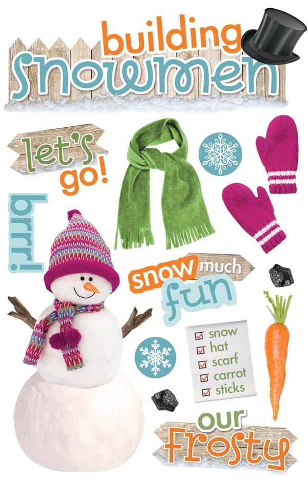 colorful 3D scrapbook stickers featuring a snowman wearing a pink hat and scarf, "Building Snowmen" title sticker, and other snomman accessories