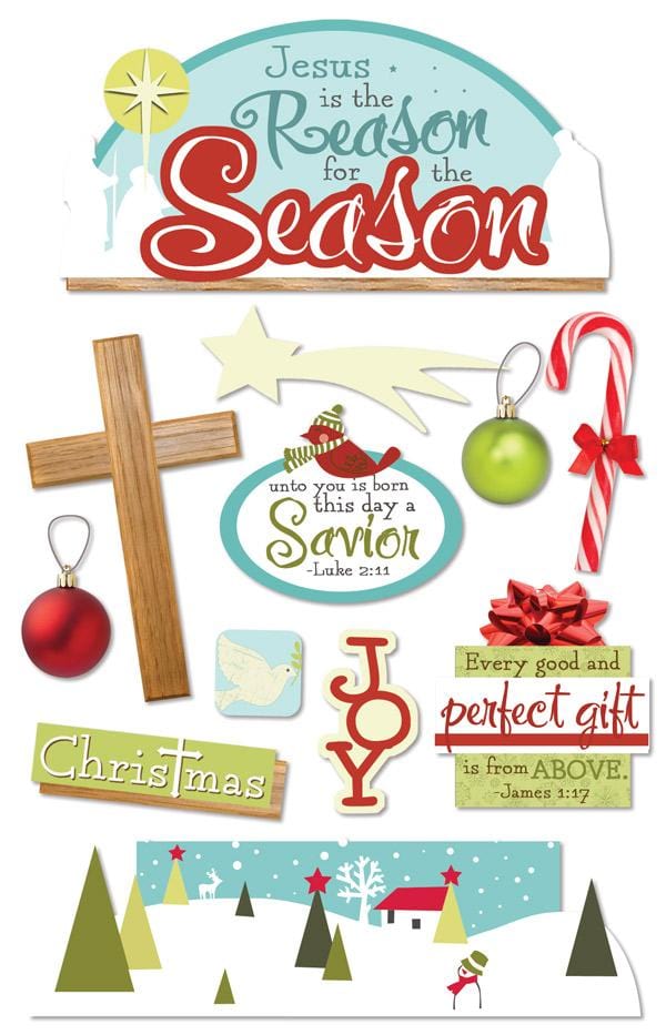 3D scrapbook stickers featuring a wooden cross, Christmas ornaments and words of faith shown on a white background.