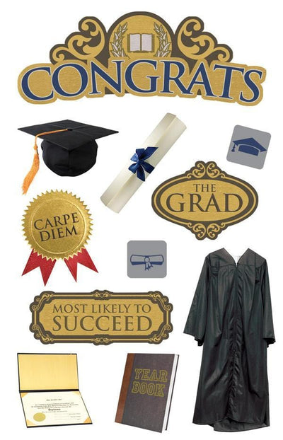 3D scrapbook stickers featuring a graduation theme with gold accents