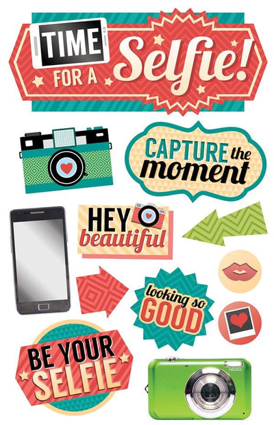 3D scrapbook stickers featuring colorful illistrations of cameras, a cell phone, arrows and fun words.