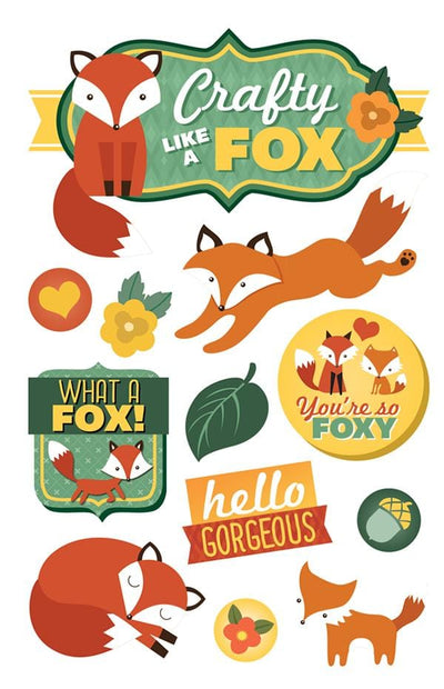 3D scrapbook stickers featuring fox illustrations in oranges, greens and yellows.