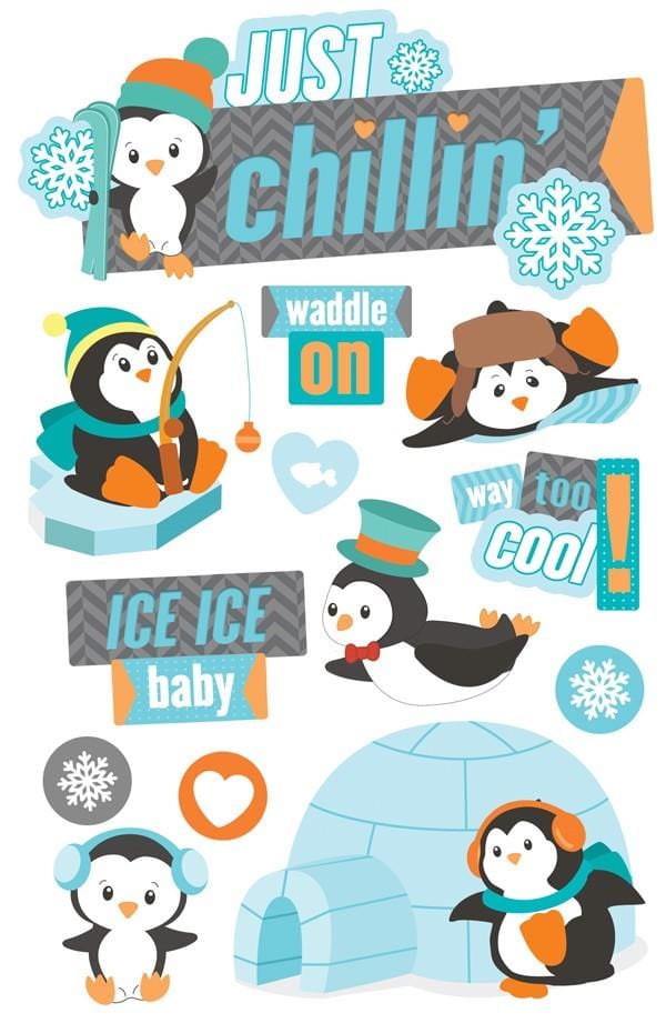 super cute 3D penguin scrapbook stickers illustrated doing fun winter activities with a touch of glitter