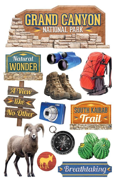 3D scrapbook sticker featuring the Grand Canyon, hiking boots, a compass and a backpack shown on white background.