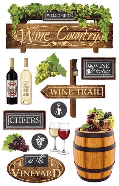 3D scrapbook stickers featuring grapes, wine bottles and wine country imagery