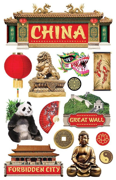 3D scrapbook stickers featuring photo real images of the Great Wall of China, buddha statue and panda bear with gold and red details.