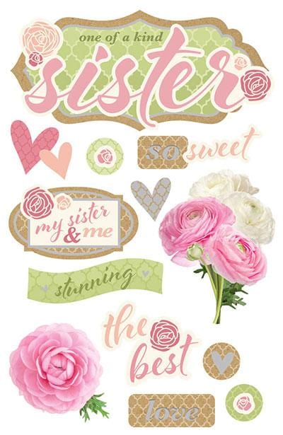 3D scrapbook stickers featuring pink flowers and hearts with a sister theme