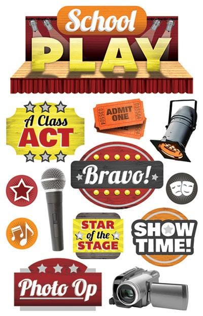 3D scrapbook stickers featuring school play images including tickets, a microphone and stars.
