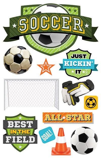 3D scrapbook stickers featuring soccer balls, cones and goals.