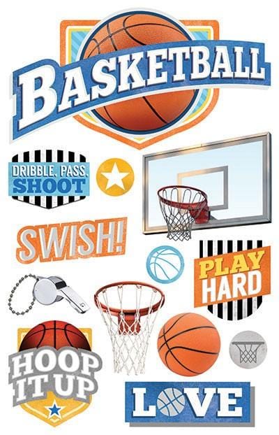 3D scrapbook stickers featuring basketballs and hoops with orange and blue details.