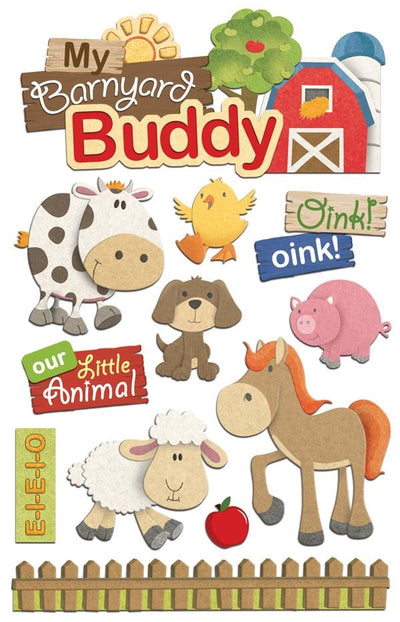 Scrapbook stickers featuring colorful barnyard animals including a pig, cow, and horse shown on a white background.