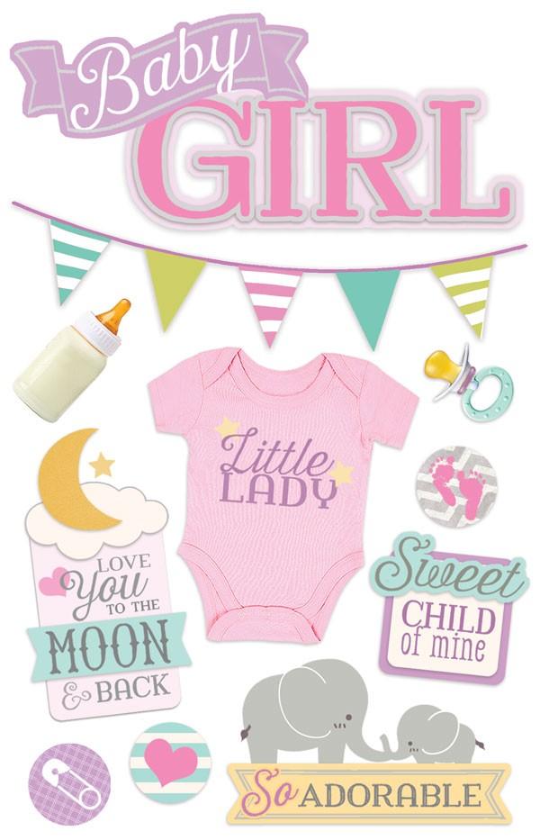 3D scrapbook sticker featuring pink baby girl theme