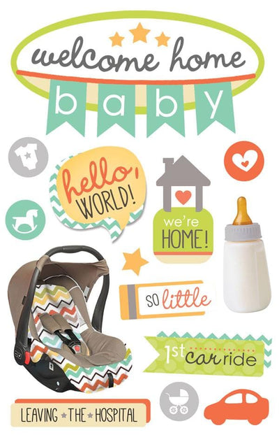 3D scrapbook stickers featuring  a "welcome home baby" banner, a photo real car seat and milk bottle with orange and teal icons shown on a white background.