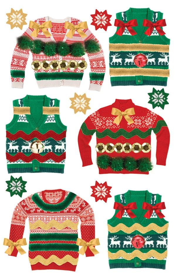 3D scrapbook stickers featuring 6 red, green and gold ugly Christmas sweaters shown on a white background.