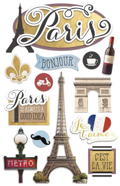 3D scrapbook stickers featuring Paris, the eiffel tower and the arc de triomphe with gold details.
