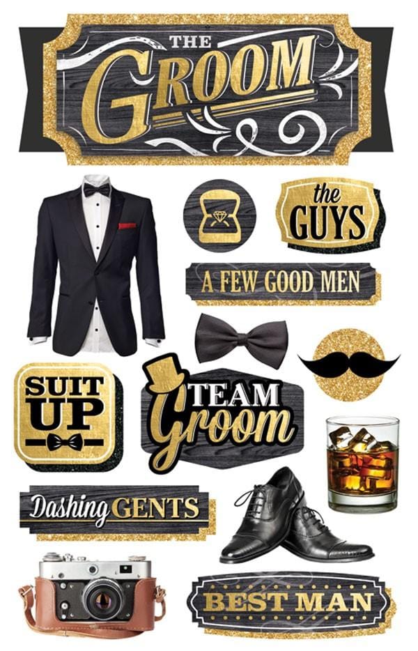 3D scrapbook stickers featuring a tuxedo, black shoes, a bow tie and black and gold details on a white background.