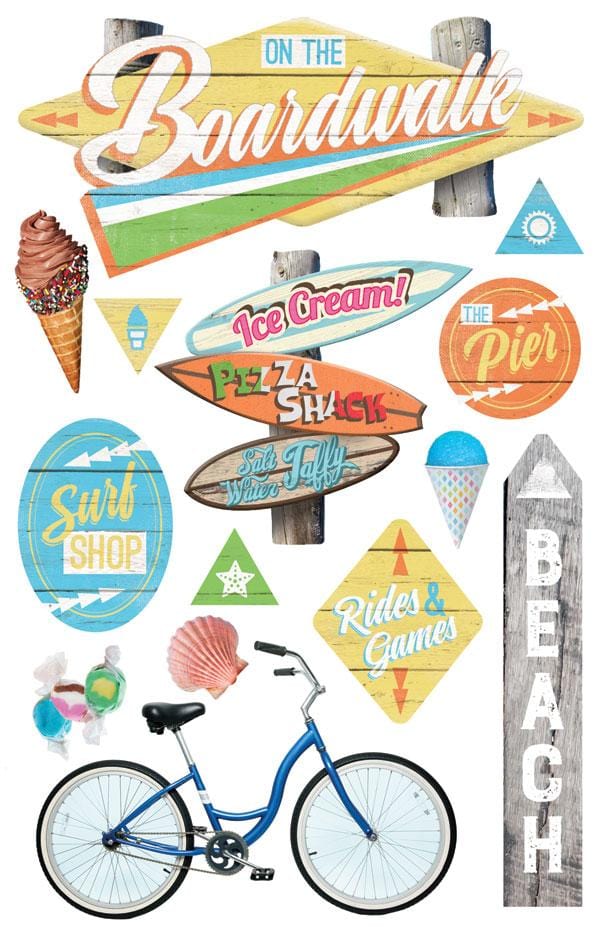 3D scrapbook stickers featuring boardwalk themed imagery including a bicycle, an ice cream cone and wood signs.