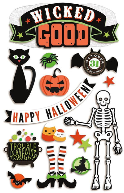 3D scrapbook stickers featuring halloween themed, black, orange and green illustrations