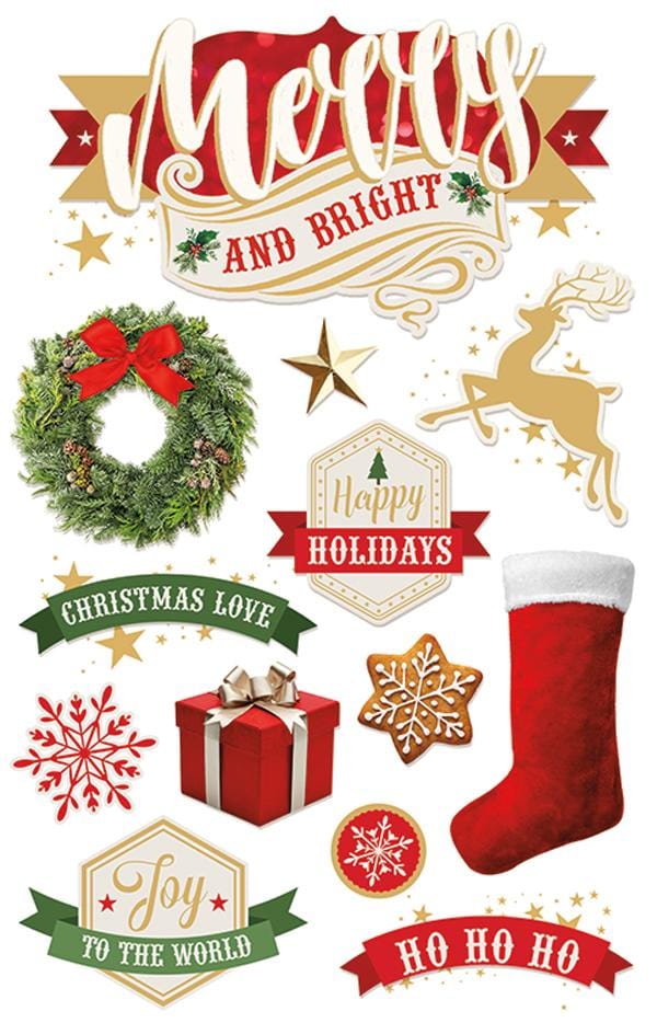 3D scrapbook stickers featuring red, green and gold Christmas imagery including a reindeer, a wreath and a packaged gift.
