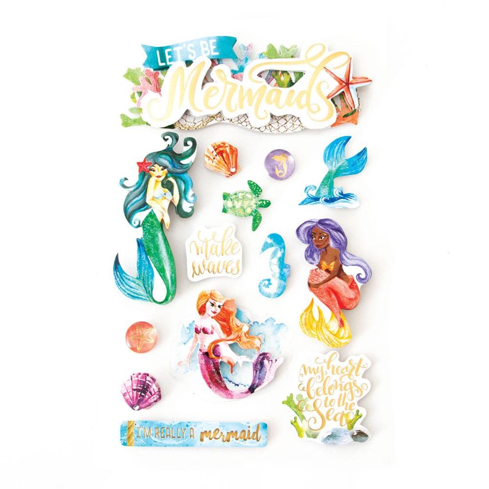 3D scrapbook stickers featuring illustrated mermaids with gold details shown on a white background.