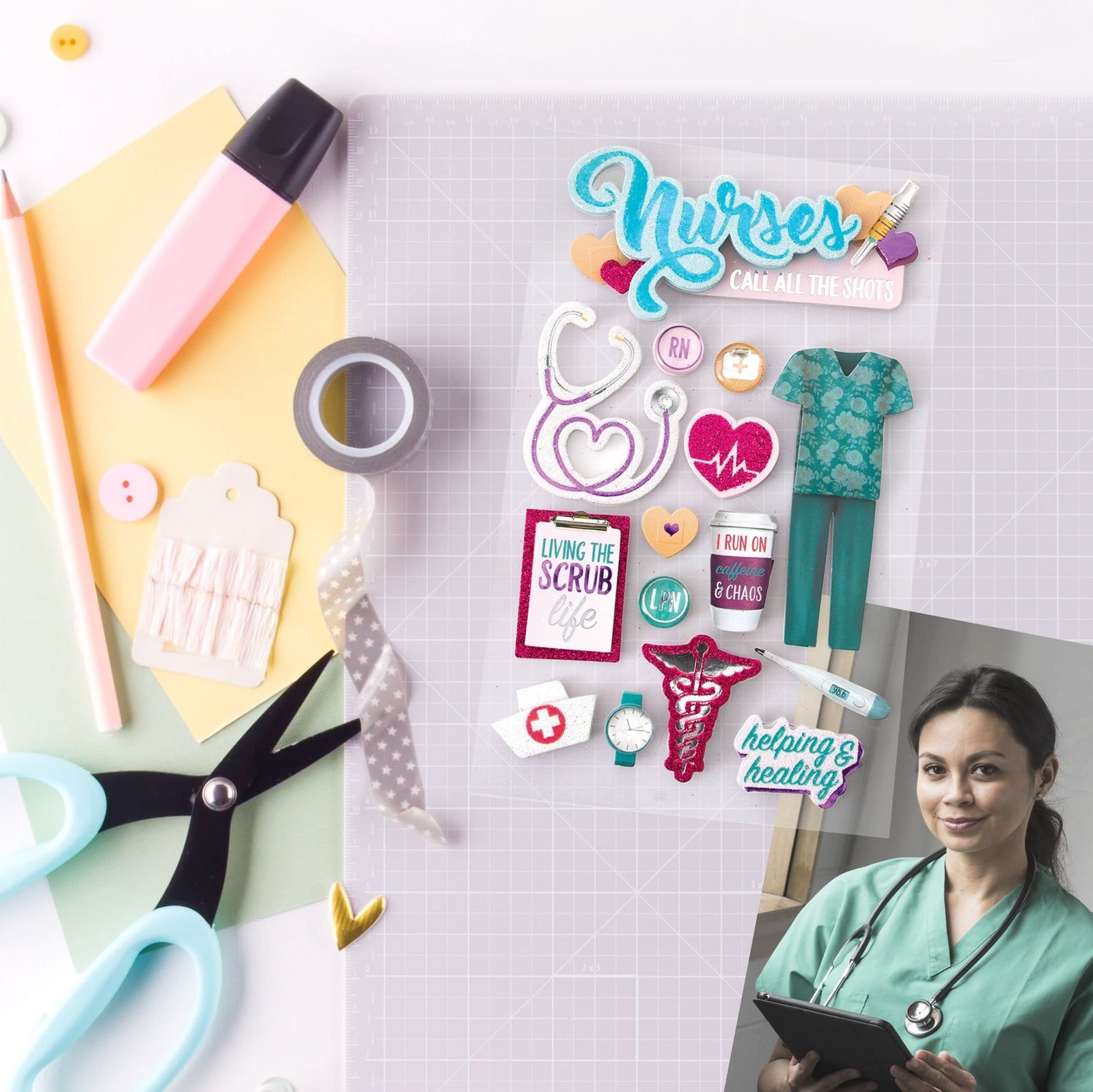3D scrapbook stickers featuring nurse's uniform, stethoscope and hearts shown next to a photo of a nurse and craft supplies.