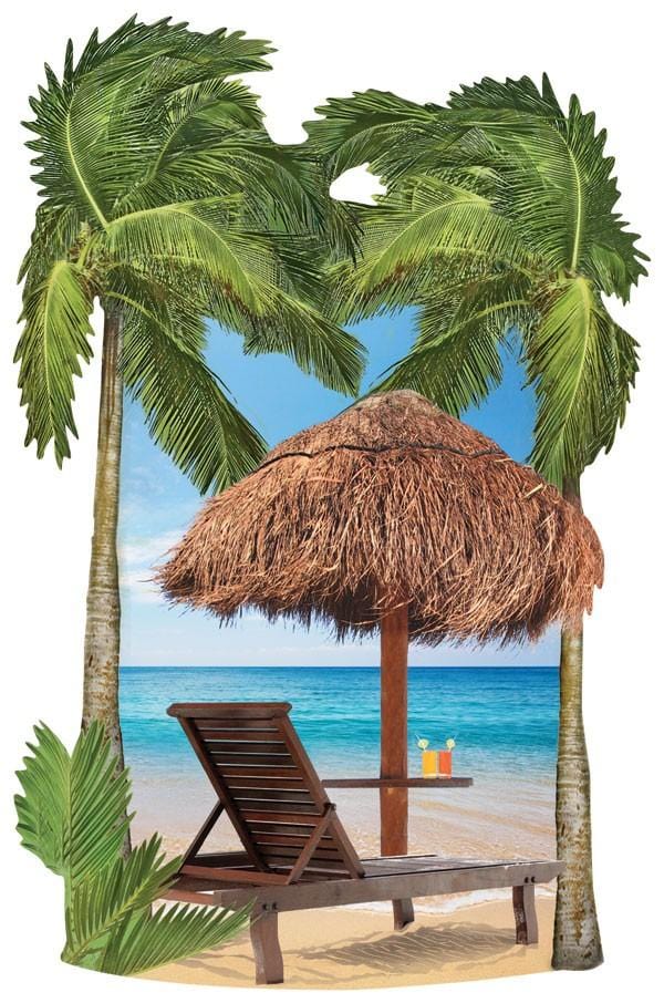 3D scrapbook stickers featuring a large image of palm trees and a wooden beach chair at the ocean.
