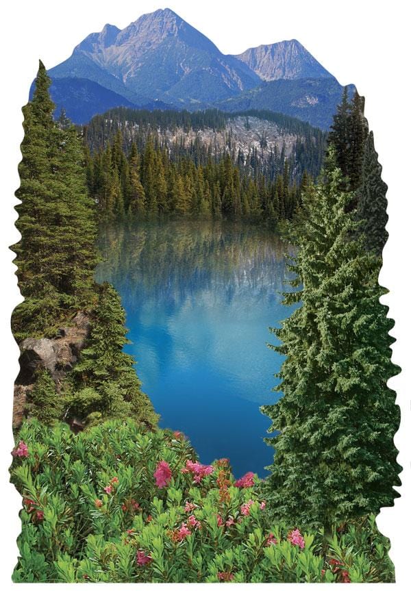 3D scrapbook stickers featuring a large photo of a mountain scene with a lake.