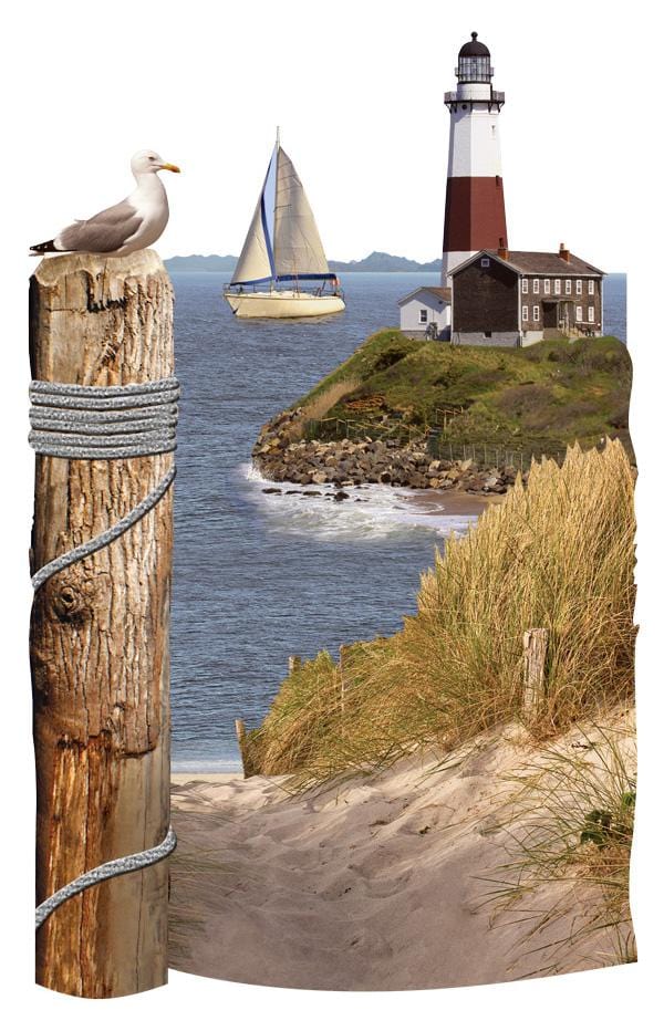 3D scrapbook stickers featuring a large scene of a lighthouse, a sailboat and seagull at the shore.