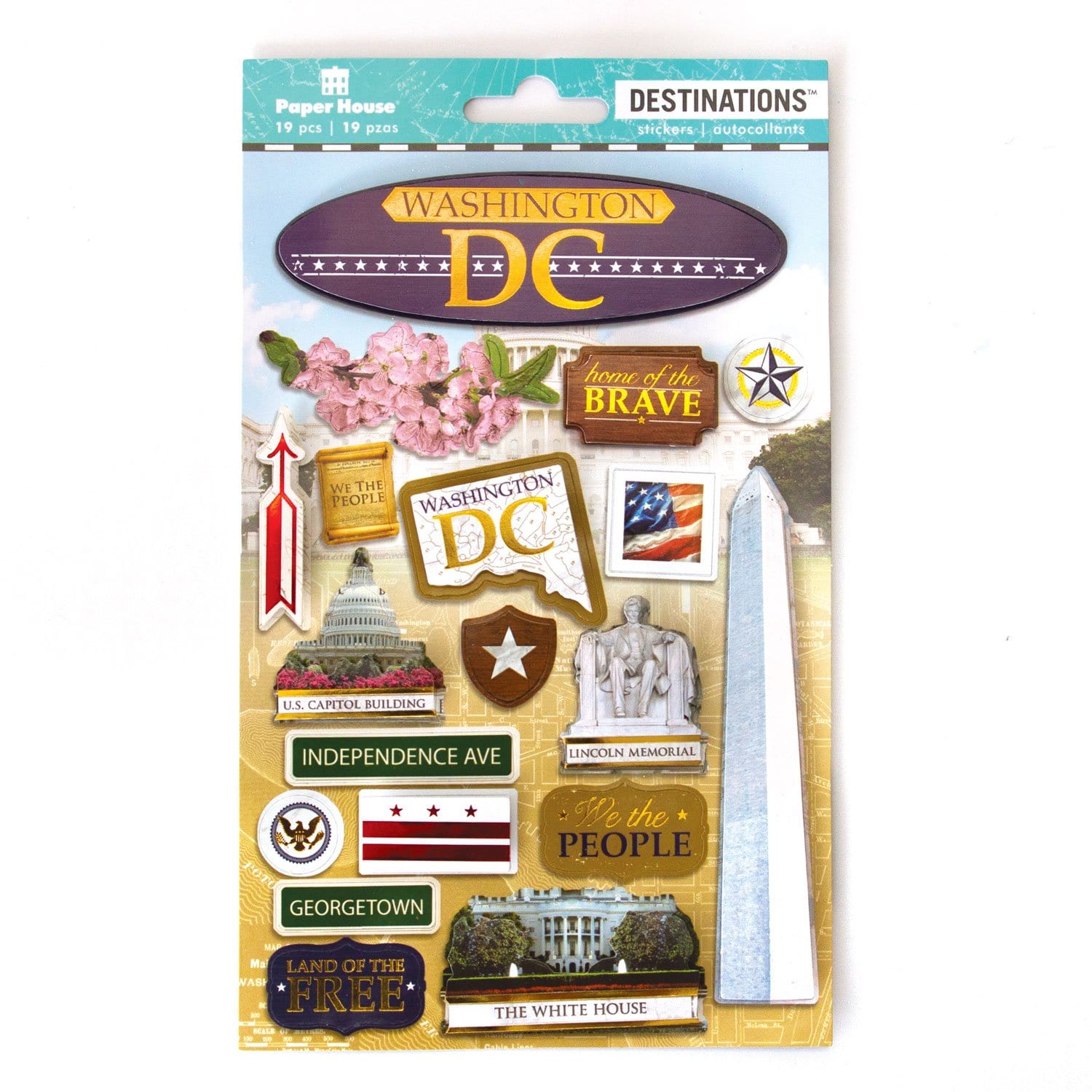 scrapbook stickers featuring Washington DC, cherry blossoms, the American flag and monuments with gold details.