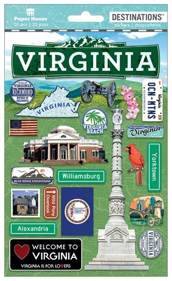 scrapbook stickers featuring Virginia monuments and signs on a green background.