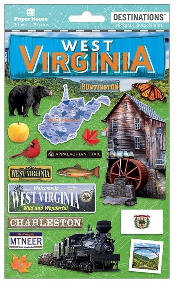 3D scrapbook stickers featuring West Virginia with a bear, a water mill and train.
