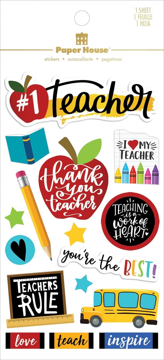 scrapbook stickers featuring words, apples, books, crayons and school bus. Glitter and red foil, shown in white package with gold foil letters.